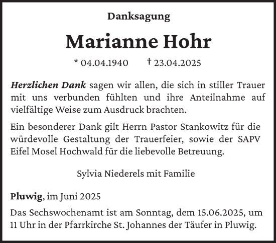 Traueranzeige von Marianne Hohr von trierischer_volksfreund