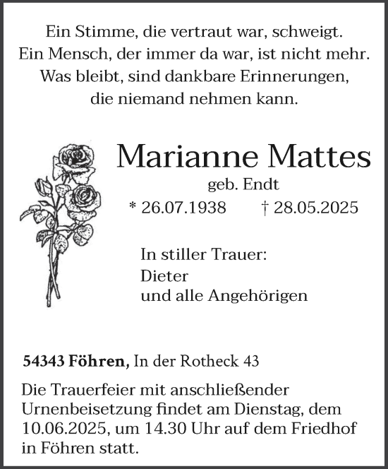Traueranzeige von Marianne Mattes von trierischer_volksfreund