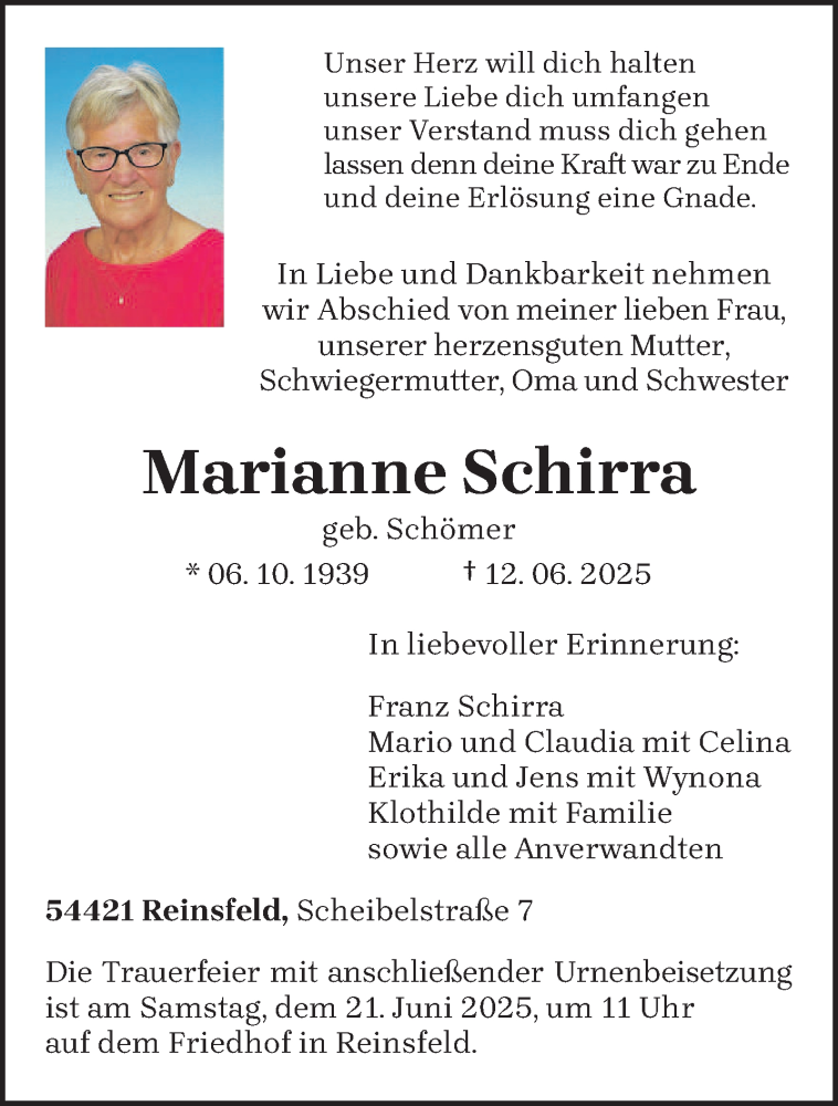  Traueranzeige für Marianne Schirra vom 17.06.2025 aus trierischer_volksfreund