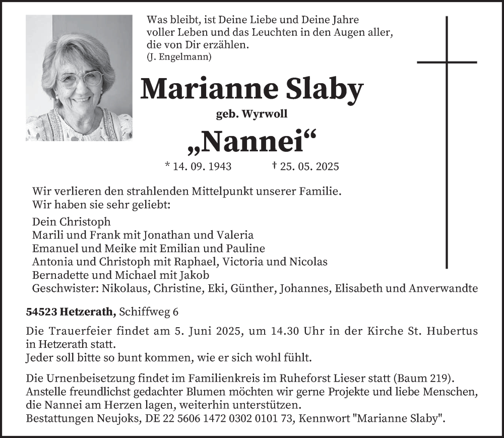  Traueranzeige für Marianne Slaby vom 31.05.2025 aus trierischer_volksfreund