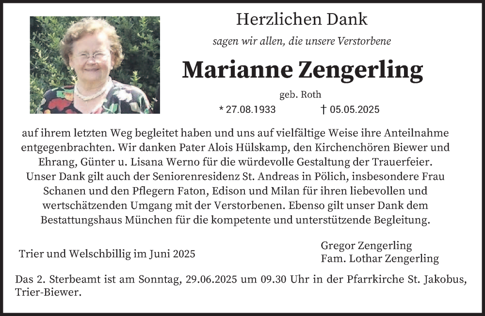  Traueranzeige für Marianne Zengerling vom 25.06.2025 aus trierischer_volksfreund