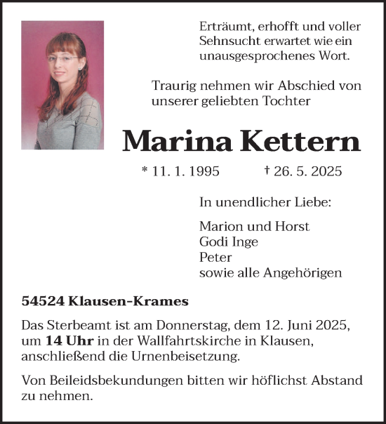 Traueranzeige von Marina Kettern von trierischer_volksfreund