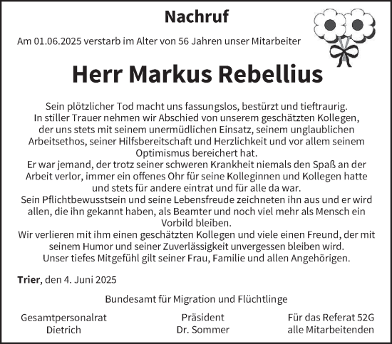 Traueranzeige von Markus Rebellius von trierischer_volksfreund