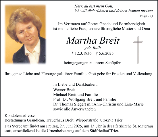 Traueranzeige von Martha Breit von trierischer_volksfreund