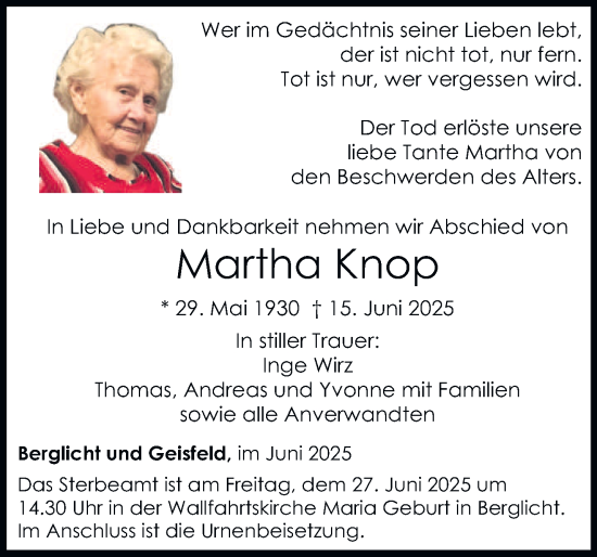Traueranzeige von Martha Knop von trierischer_volksfreund