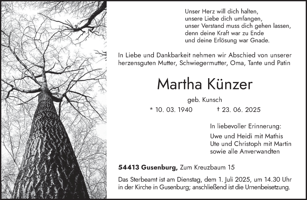  Traueranzeige für Martha Künzer vom 27.06.2025 aus trierischer_volksfreund