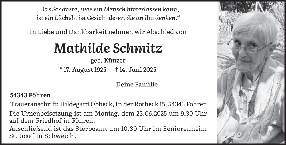  Traueranzeige für Mathilde Schmitz vom 18.06.2025 aus trierischer_volksfreund
