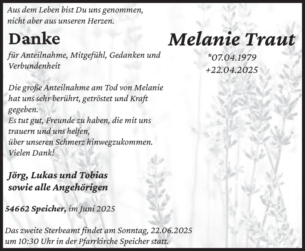  Traueranzeige für Melanie Traut vom 17.06.2025 aus trierischer_volksfreund