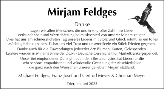 Traueranzeige von Mirjam Feldges von trierischer_volksfreund