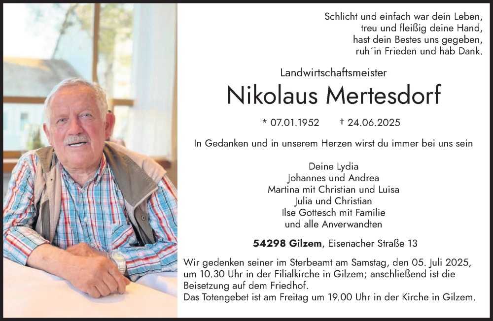  Traueranzeige für Nikolaus Mertesdorf vom 28.06.2025 aus trierischer_volksfreund