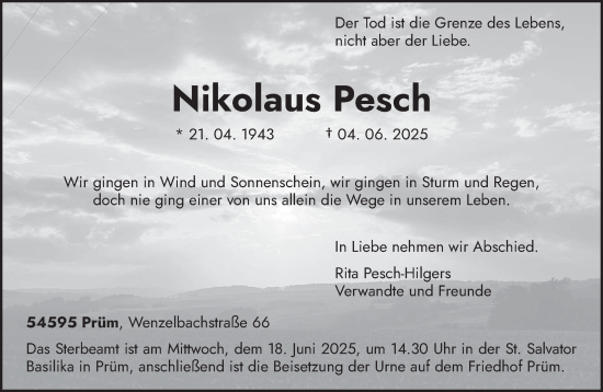Traueranzeige von Nikolaus Pesch von trierischer_volksfreund