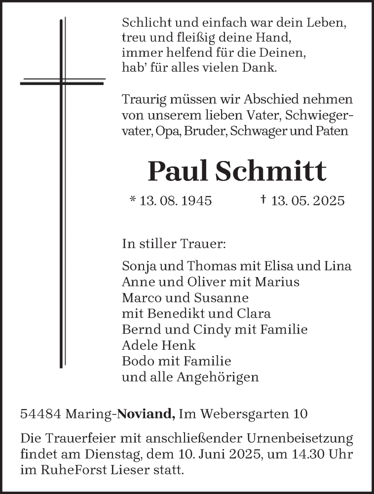  Traueranzeige für Paul Schmitt vom 31.05.2025 aus trierischer_volksfreund