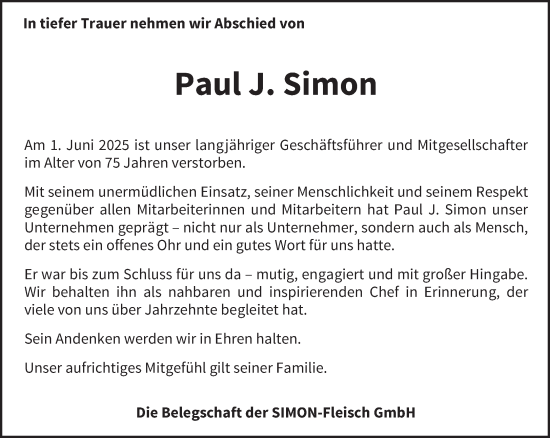 Traueranzeige von Paul J. Simon von trierischer_volksfreund