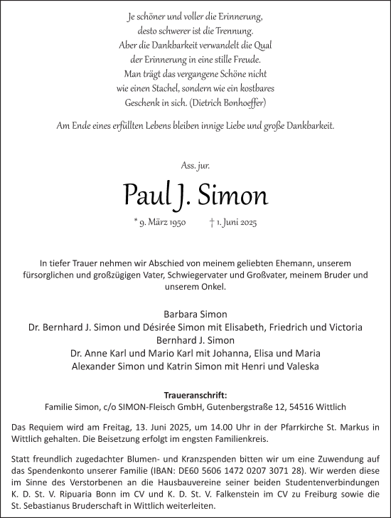 Traueranzeige von Paul J. Simon von trierischer_volksfreund