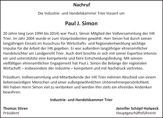 Traueranzeige von Paul J. Simon von trierischer_volksfreund