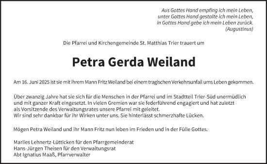 Traueranzeige von Petra Gerda Weiland von trierischer_volksfreund