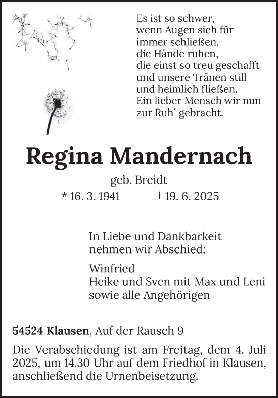 Traueranzeige von Regina Mandernach von trierischer_volksfreund