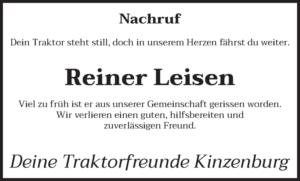  Traueranzeige für Reiner Leisen vom 03.06.2025 aus trierischer_volksfreund