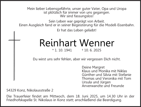 Traueranzeige von Reinhart Wenner von trierischer_volksfreund