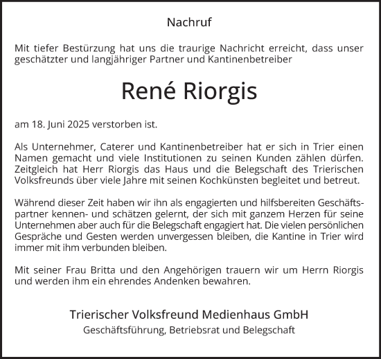 Traueranzeige von René Riorgis von trierischer_volksfreund