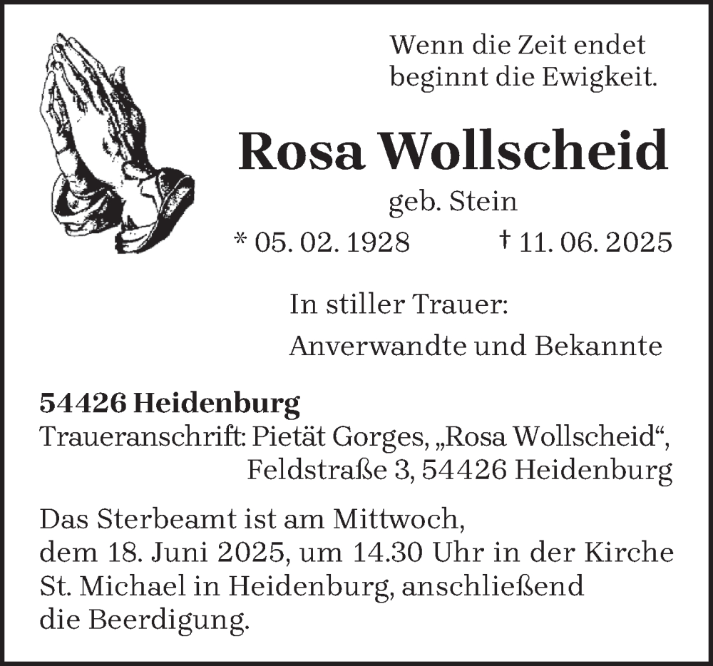  Traueranzeige für Rosa Wollscheid vom 17.06.2025 aus trierischer_volksfreund