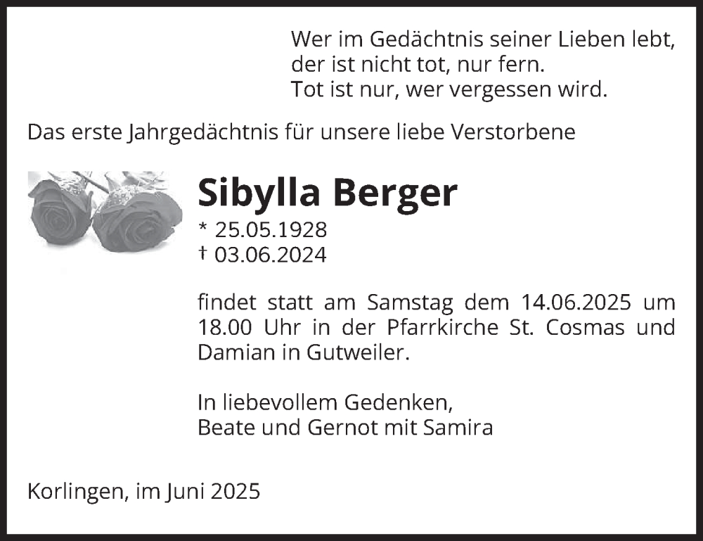  Traueranzeige für Sibylla Berger vom 07.06.2025 aus trierischer_volksfreund