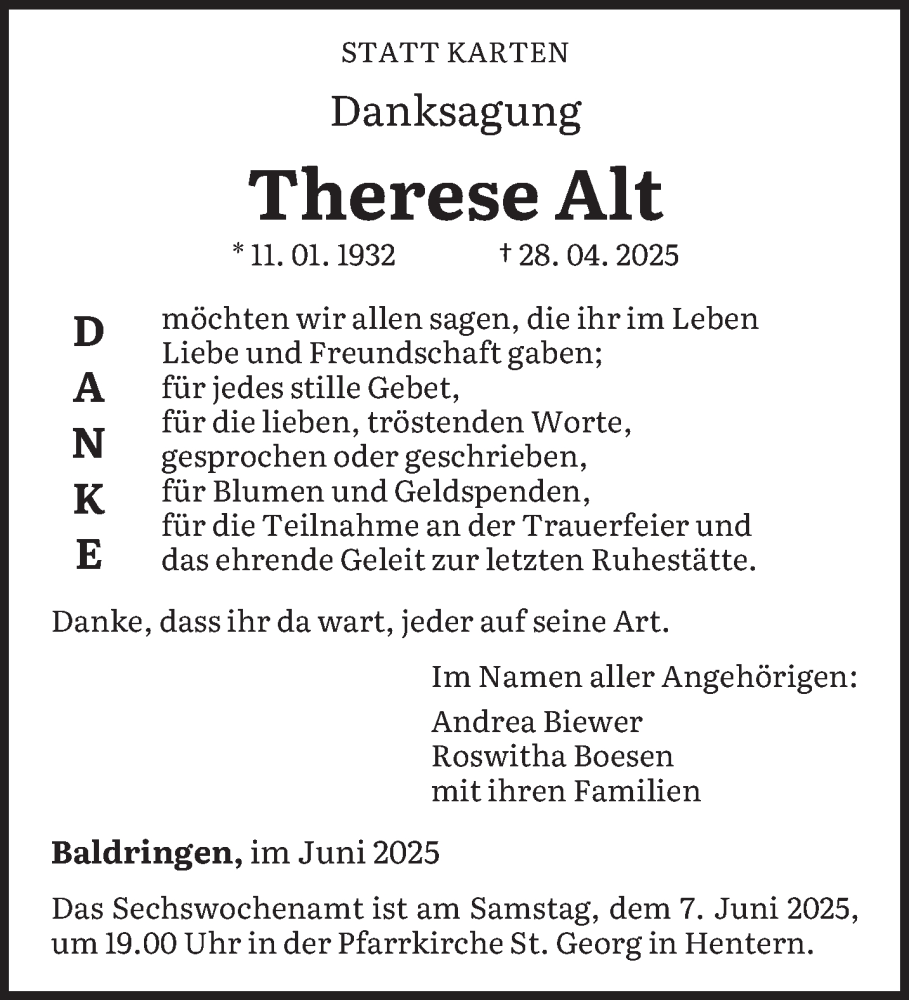  Traueranzeige für Therese Alt vom 04.06.2025 aus trierischer_volksfreund