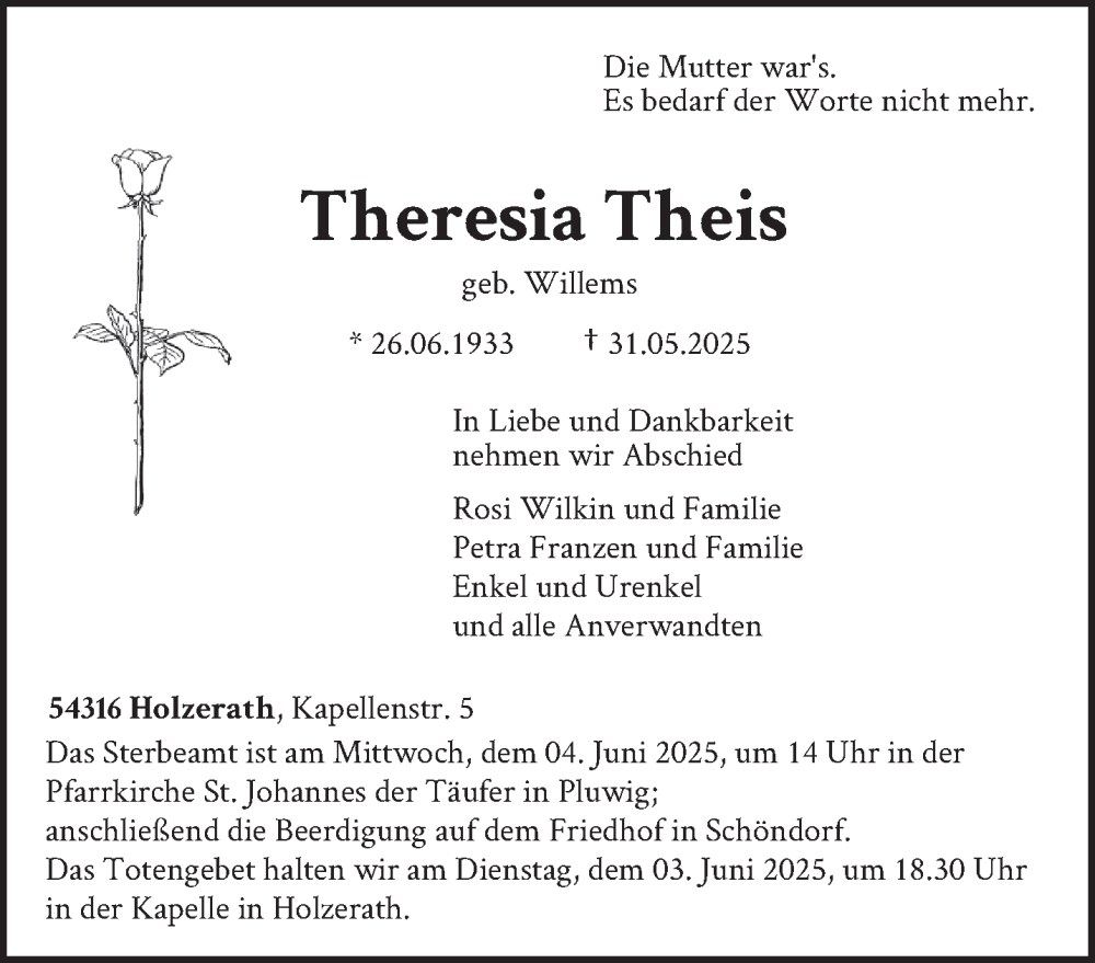  Traueranzeige für Theresia Theis vom 03.06.2025 aus trierischer_volksfreund