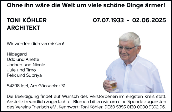 Traueranzeige von Toni Köhler von trierischer_volksfreund
