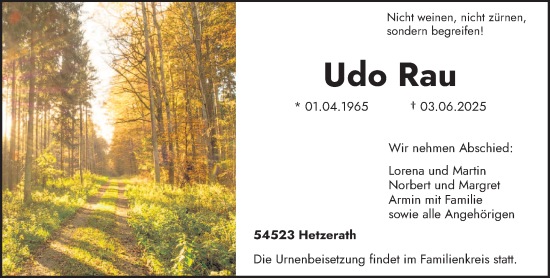 Traueranzeige von Udo Rau von trierischer_volksfreund