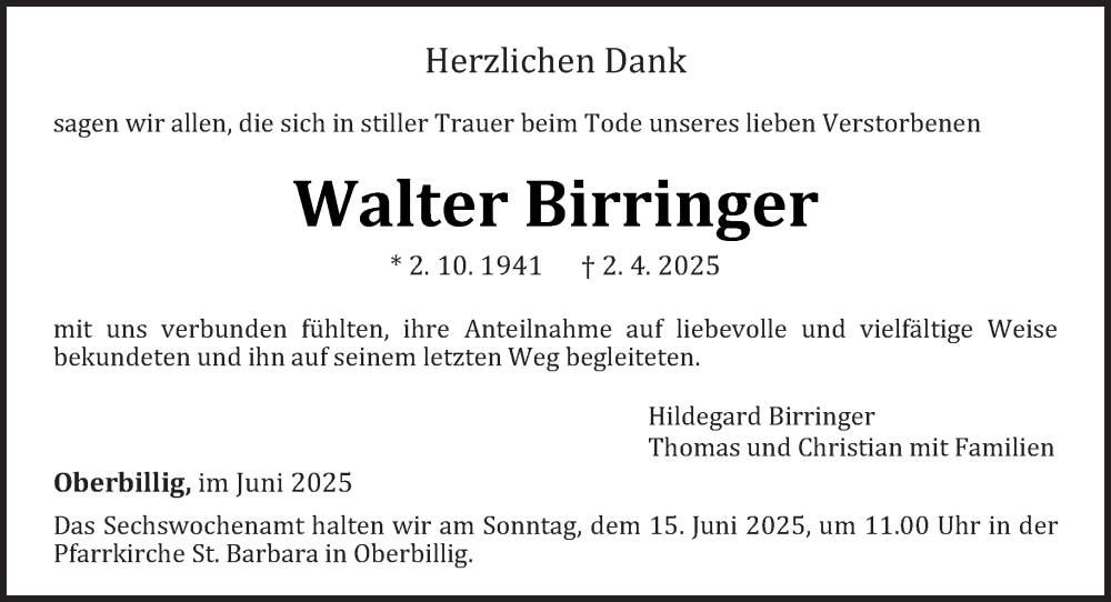  Traueranzeige für Walter Birringer vom 07.06.2025 aus trierischer_volksfreund