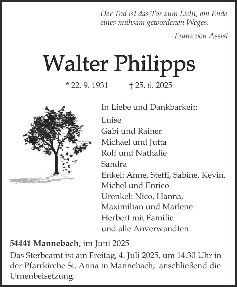 Traueranzeige für Walter Philipps vom 28.06.2025 aus trierischer_volksfreund