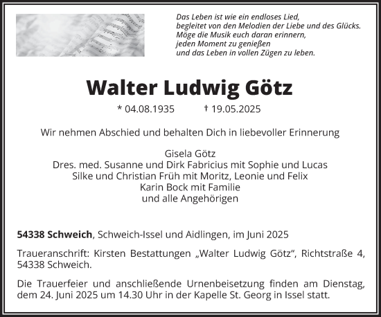 Traueranzeige von Walter Ludwig Götz von trierischer_volksfreund