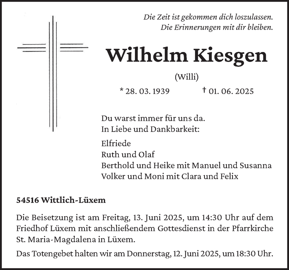  Traueranzeige für Wilhelm Kiesgen vom 07.06.2025 aus trierischer_volksfreund