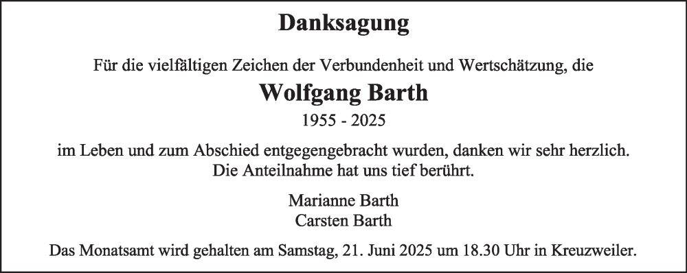  Traueranzeige für Wolfgang Barth vom 18.06.2025 aus trierischer_volksfreund
