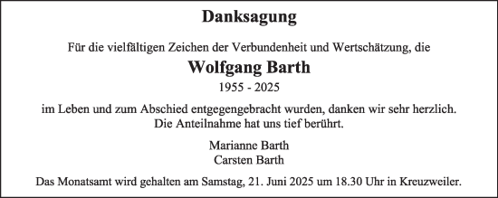 Traueranzeige von Wolfgang Barth von trierischer_volksfreund