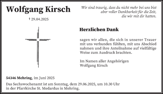 Traueranzeige von Wolfgang Kirsch von trierischer_volksfreund