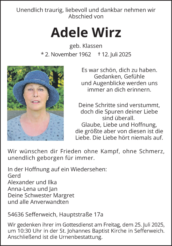 Traueranzeige von Adele Wirz von trierischer_volksfreund