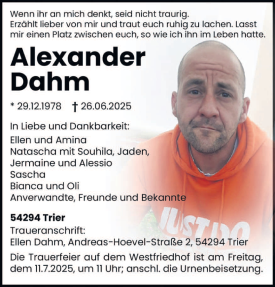 Traueranzeige von Alexander Dahm von trierischer_volksfreund