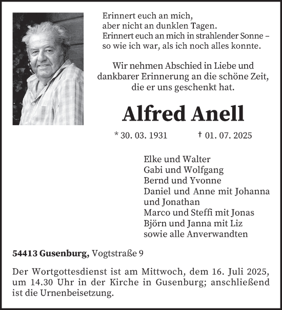 Traueranzeige von Alfred Anell von trierischer_volksfreund