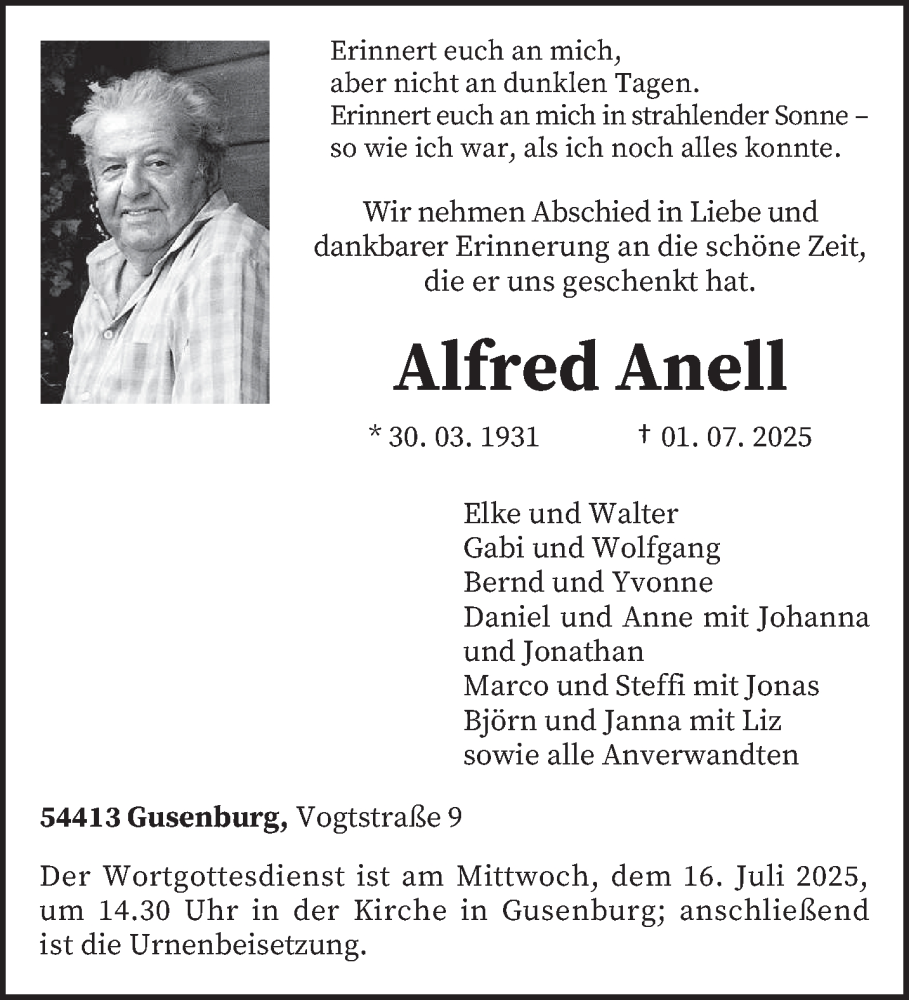  Traueranzeige für Alfred Anell vom 12.07.2025 aus trierischer_volksfreund