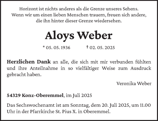 Traueranzeige von Aloys Weber von trierischer_volksfreund