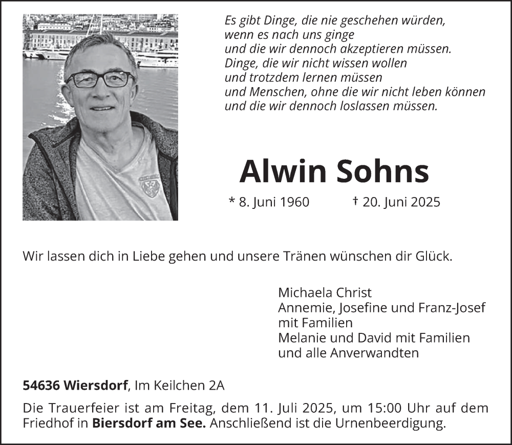  Traueranzeige für Alwin Sohns vom 05.07.2025 aus trierischer_volksfreund