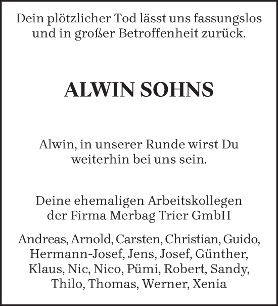 Traueranzeige von Alwin Sohns von trierischer_volksfreund