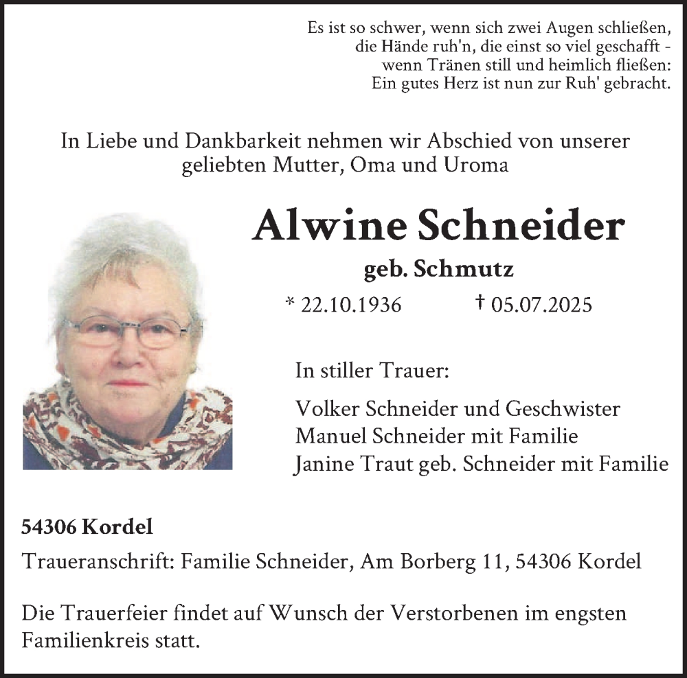  Traueranzeige für Alwine Schneider vom 12.07.2025 aus trierischer_volksfreund