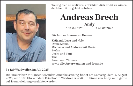 Traueranzeige von Andreas Brech von trierischer_volksfreund