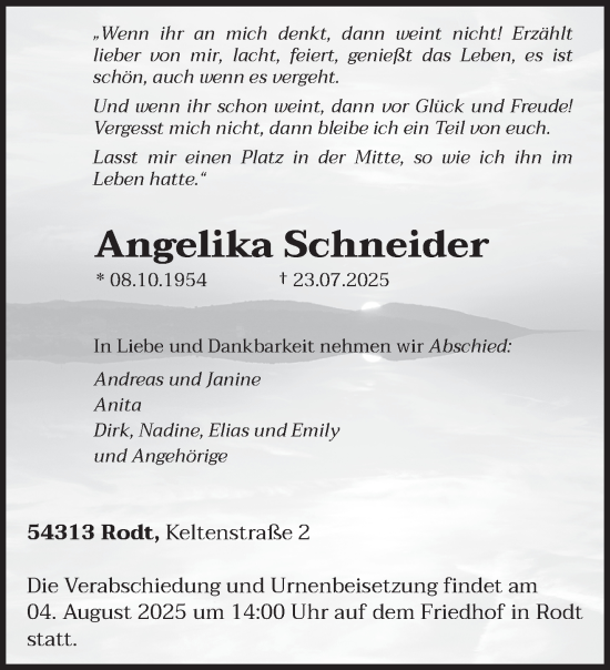 Traueranzeige von Angelika Schneider von trierischer_volksfreund