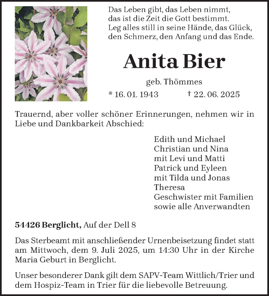  Traueranzeige für Anita Bier vom 05.07.2025 aus trierischer_volksfreund