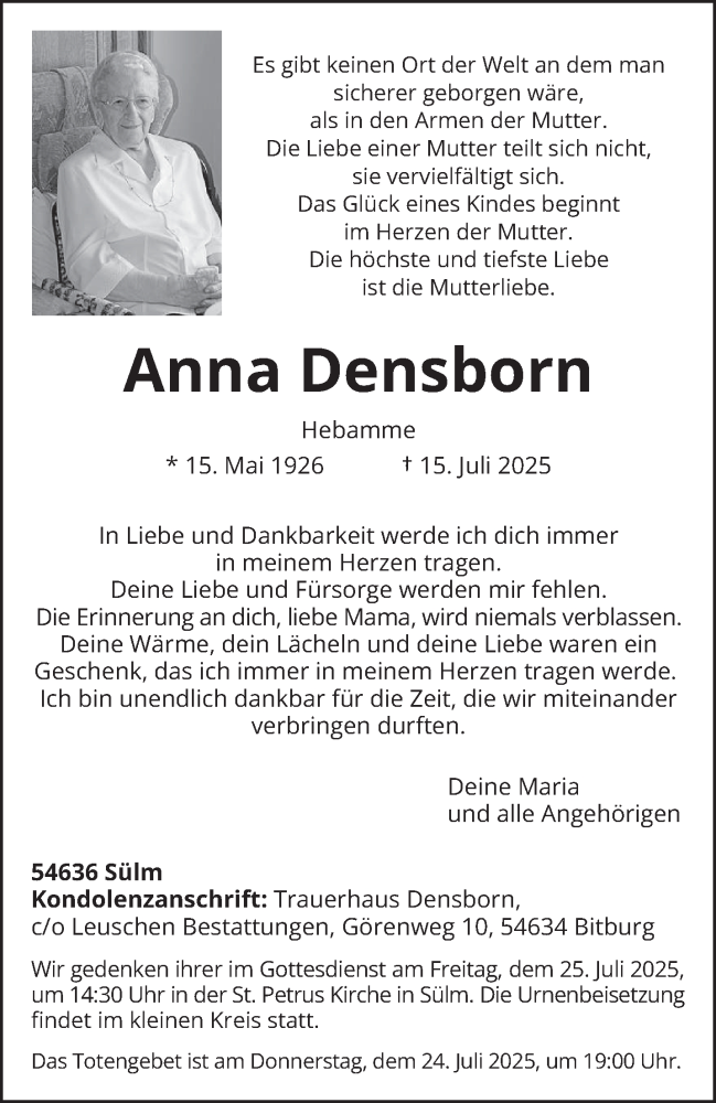  Traueranzeige für Anna Densborn vom 21.07.2025 aus trierischer_volksfreund