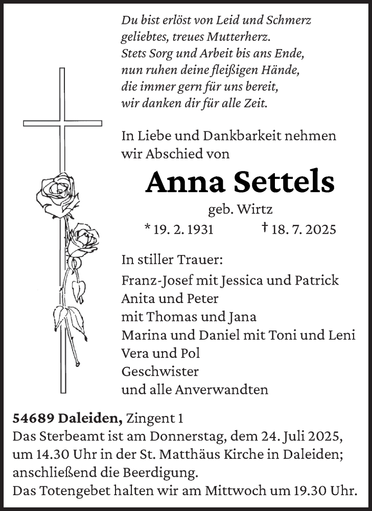  Traueranzeige für Anna Settels vom 22.07.2025 aus trierischer_volksfreund